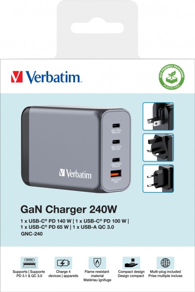 Verbatim oplaadadapter, universeel, GNC-240, GaN, 240W, grijs 1x USB-A QC, 3x USB-C PD, retail