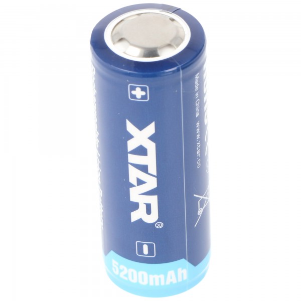 XTAR 26650 - 5200 mAh, 3,6 V - 3,7 V Li-Ion-batterij, PCB-beschermd, 26,5 x 68,2 mm