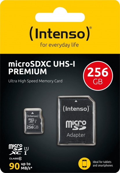 Intenso microSDXC-kaart 256 GB, Premium, klasse 10, U1 (R) 90 MB/s, (W) 10 MB/s, SD-adapter, blisterverpakking