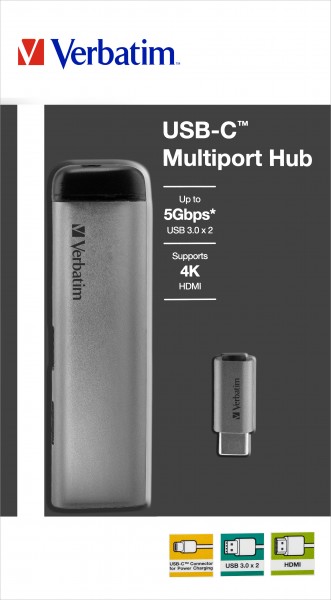 Verbatim Hub, USB 3.1-C, multipoort 2x USB 3.0, HDMI 4K-oplader, USB-C-kabel, 15 cm, detailhandel