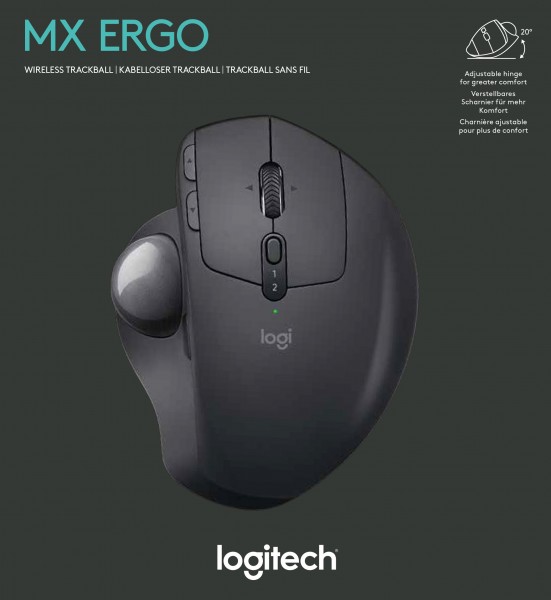 Logitech Mouse MX Ergo, draadloos, Unifying, zwart optisch, 440 dpi, 8 knoppen, trackball, oplaadbare batterij, retail