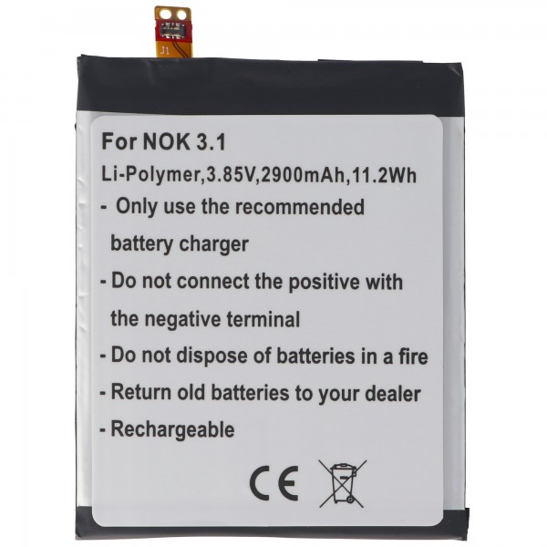 Batterij geschikt voor Nokia 3.1, Li-Polymer, 3.85V, 2900mAh, 11.2Wh, ingebouwd, zonder gereedschap