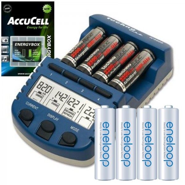 Technoline BC 1000 set batterijlader blauw met Sanyo Eneloop HR-3UTGB en AccuCell AkkuBox