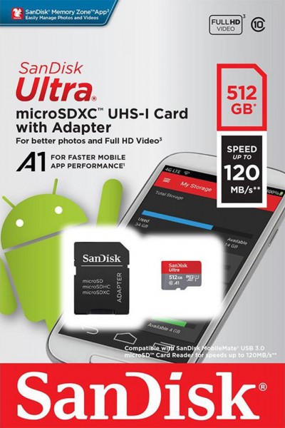 Sandisk microSDXC-kaart 512 GB, Ultra, klasse 10, U1, A1 (R) 120 MB/s, SD-adapter, blisterverpakking