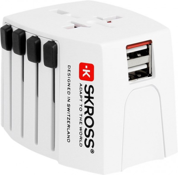 Skross World Adapter MUV USB - geschikt voor alle ongeaarde apparaten (2-pins), met geïntegreerde dubbele USB-oplader