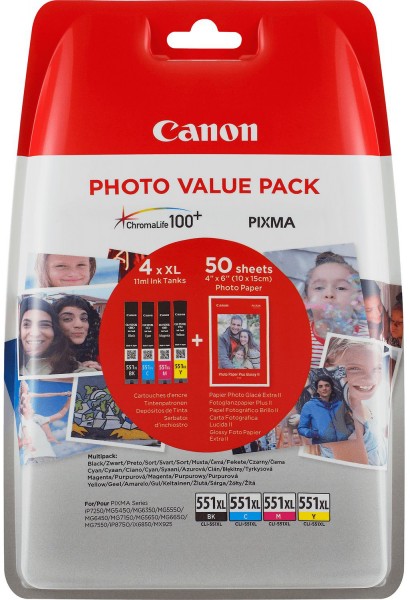 Canon inktcartridges voordeelpakket CLI-551XL BK/C/M/Y incl. 50 vellen fotopapier 10x15cm