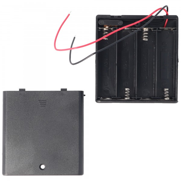 AccuCell batterijhouder voor 4 Mignon AA HR-3, LR6 batterijen of oplaadbare batterijen met deksel en kabel