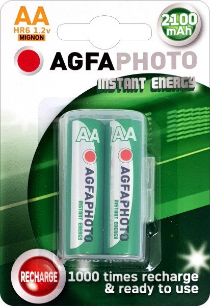 Agfaphoto oplaadbare batterij NiMH, Mignon, AA, HR06, 1,2 V/2100 mAh Instant Energy, vooraf opgeladen, blisterverpakking (2 stuks)