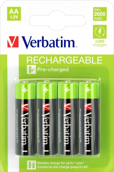 Verbatim oplaadbare batterij NiMH, Mignon, AA, HR06, 1,2 V/2500 mAh Voorgeladen, blisterverpakking (4 stuks)
