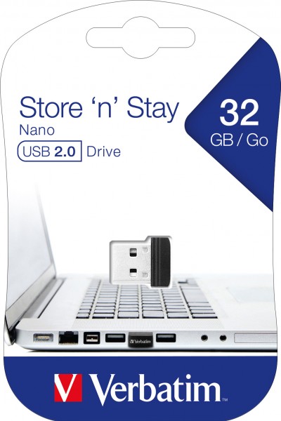 Verbatim USB 2.0-stick 32 GB, Nano Store'n'Stay (R) 10 MB/s, (W) 3 MB/s, blisterverpakking