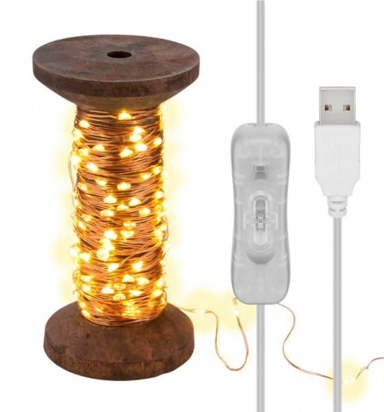 Goobay LED-lichtketting &quot;spoel&quot;, groot - met USB-kabel 3 m, lichtketting 15 m met 150 micro-LED's in warm wit (2700 K) en schakelaar (aan/uit)