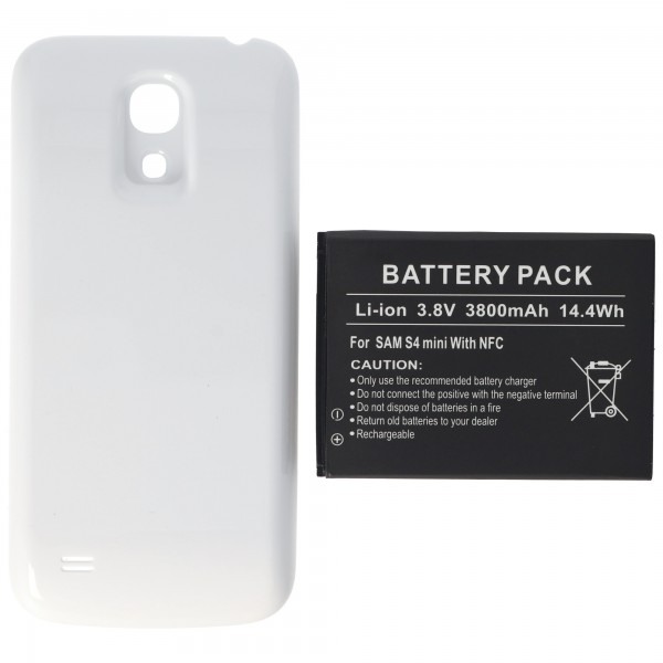 Batterij geschikt voor Samsung Galaxy S4 Mini, Li-ion, 3.8V, 3800mAh, 14.4Wh, met NFC, met deksel, wit