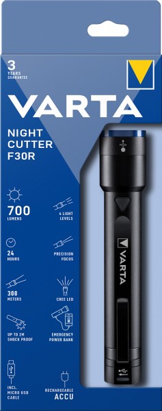 Varta LED-zaklamp Night Cutter F30R 700lm, incl. 1x micro-USB-kabel, blisterverpakking