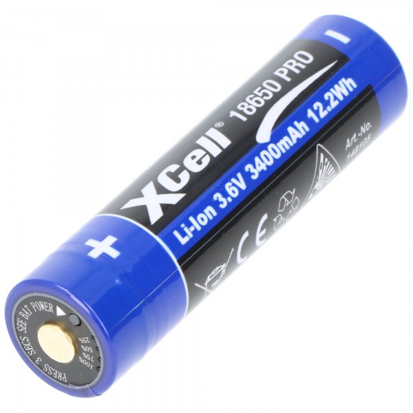 XCell Pro 18650 Li-Ion batterijbeveiligde Li-Ion batterij, met USB-C oplaadaansluiting, min. 3250mAh max. 3400mAh, 3,6 volt, 71,1mm x 18,8mm