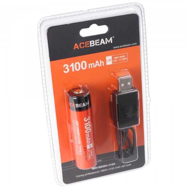 AceBeam 18650 Li-Ion accu met USB-C oplaadpoort, ARC18650H-310A, 3.7V, 3100mAh
