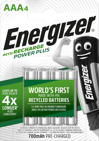 Energizer Batterij NiMH, Micro, AAA, HR03, 1.2V/700mAh Power Plus, Voorgeladen, Retail-blisterverpakking (4-pack)