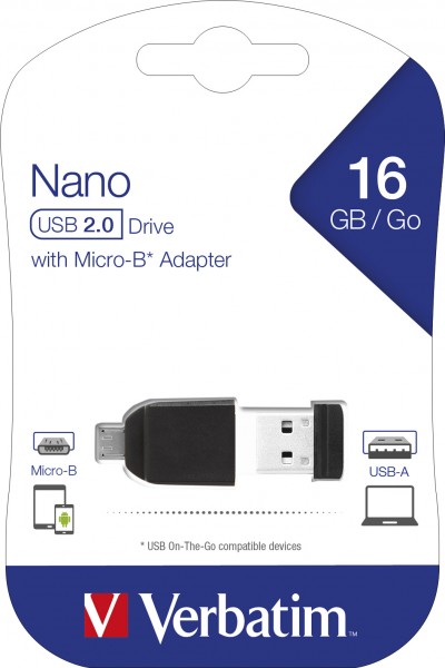 Verbatim USB 2.0 OTG-stick 16 GB, Micro-B-adapter, Nano (R) 12 MB/s, (W) 5 MB/s, blisterverpakking