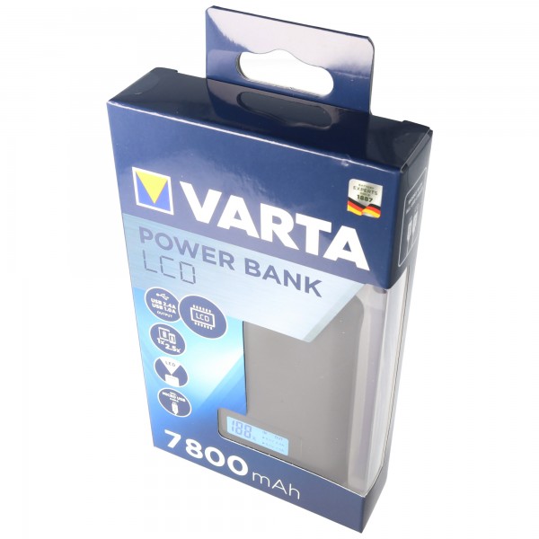Varta Powerbank LCD 7800mAh laadstroom max. 2,4A met micro USB-oplaadkabel en 2x USB-aansluiting