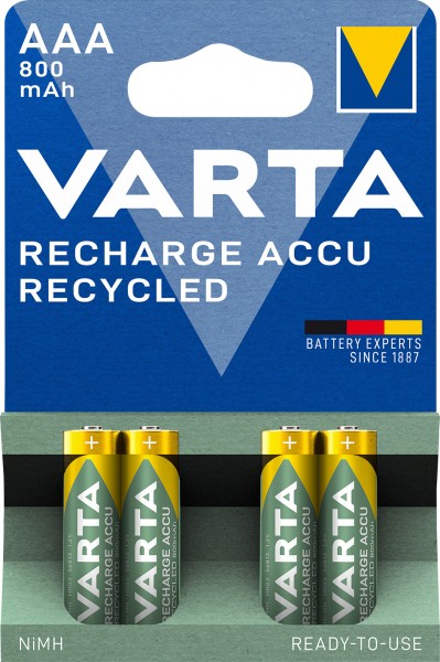 Varta Batterij NiMH, Micro, AAA, HR03, 1.2V/800mAh Accu Gerecycled, Voorgeladen, Retail-blisterverpakking (4-pack)