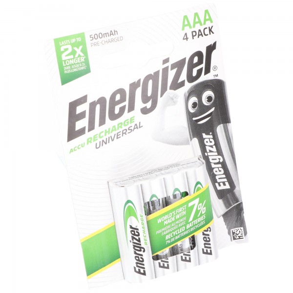 Energizer Batterij NiMH, Micro, AAA, HR03, 1.2V/500mAh Universeel, Voorgeladen, Retail-blisterverpakking (4-pack)
