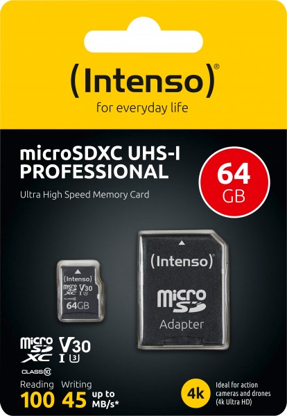 Intenso microSDXC-kaart 64GB, Professional, Class 10, U1 (R) 100 MB/s, (W) 45 MB/s, SD-adapter, blisterverpakking
