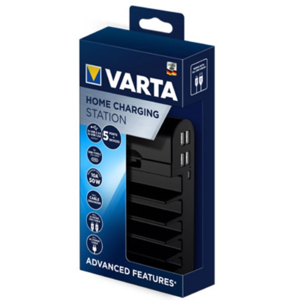 Varta Home laadstation met 5 poorten, 2 USB 2.4A, 2 USB 1.0A en een USB-C uitgang, max. 10A 50W