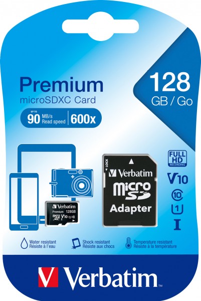 Verbatim microSDXC-kaart 128 GB, Premium, klasse 10, U1 (R) 90 MB/s, (W) 10 MB/s, SD-adapter, blisterverpakking