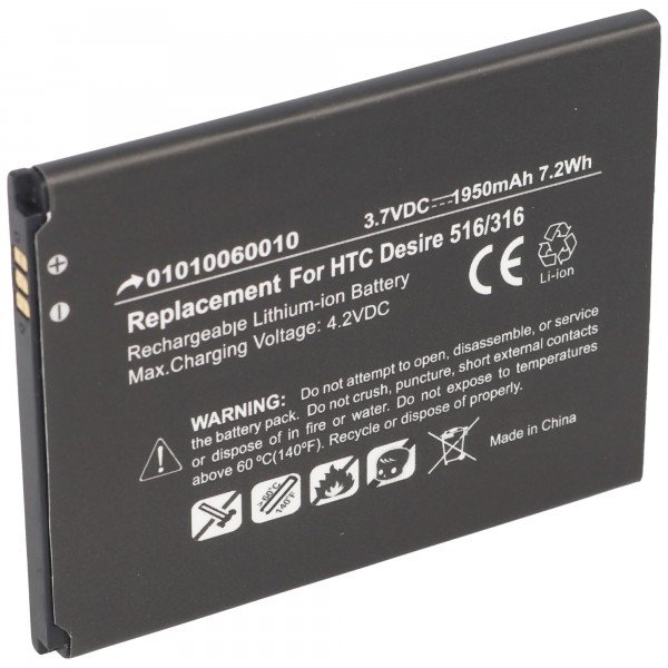 Batterij geschikt voor HTC Desire 516, 316, Li-ion, 3.7V, 1950mAh, 7.2Wh