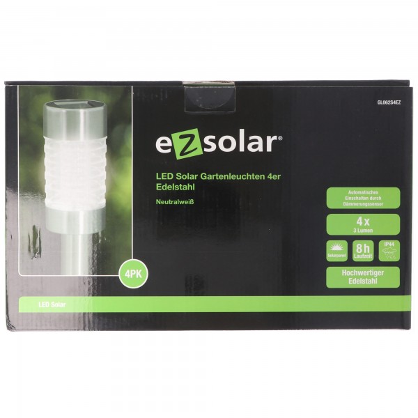 LED solar tuinverlichting 4 RVS neutraal wit inclusief batterij en zonnepaneel