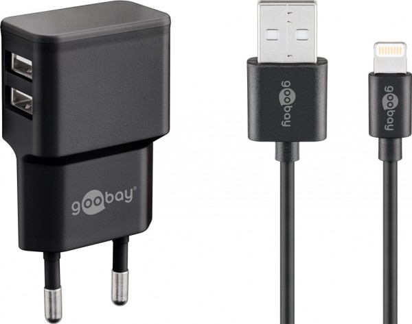 Goobay Apple Lightning dual oplaadset 2,4 A - voeding met 2x USB-aansluiting en Apple Lightning-kabel 1m (zwart)