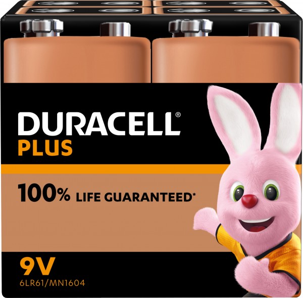 Duracell Alkaline Batterij, E-Block, 6LR61, 9V Plus, Extra Life, Retail Blister (4-Pack)