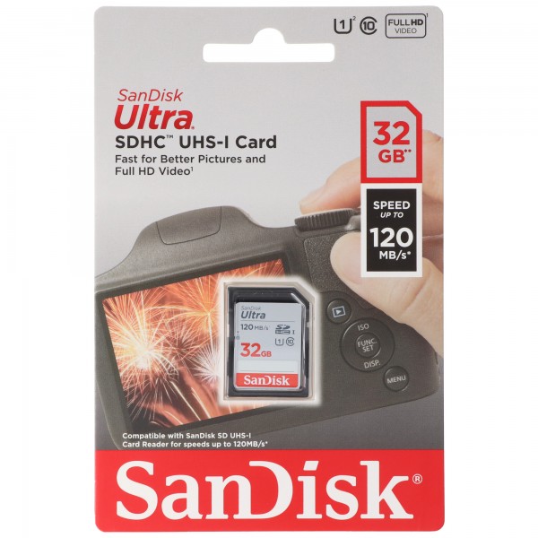 Sandisk SDHC-kaart 32GB, Ultra, Class 10, UHS-I (R) 120MB/s, blisterverpakking