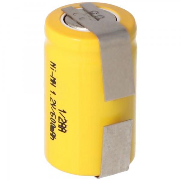 1 / 2AA batterij met 1,2 volt spanning en 600 mAh capaciteit met soldeerlabels U-vorm, 25,5 x 14,5 mm