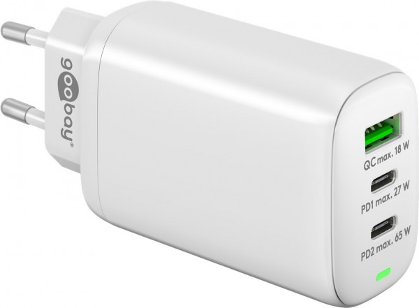 Goobay USB-C™ PD triple multiport snellader (65 W) wit - oplaadadapter met 2x USB-C™-poorten (Power Delivery) en 1x USB-A-poort (Quick Charge 3.0)