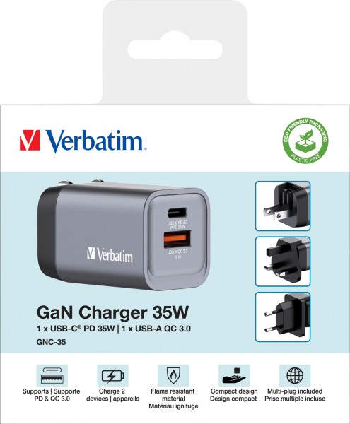 Verbatim oplaadadapter, universeel, GNC-35, GaN, 35W, grijs 1x USB-A QC, 1x USB-C PD, detailhandel