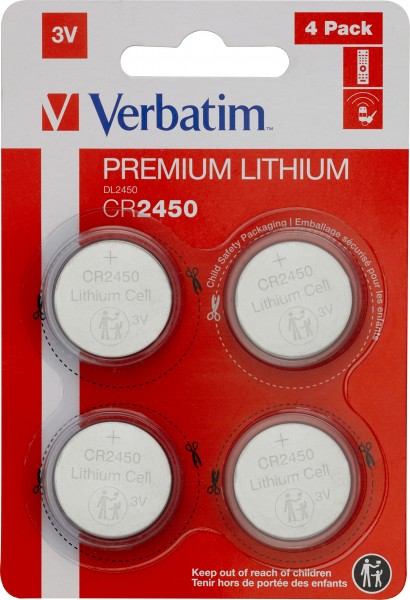 Verbatim batterij lithium, knoopcel, CR2450, 3V retailblisterverpakking (4-pack)