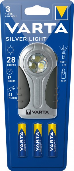 Varta LED zaklamp Silver Light, 28lm, incl. 3x alkaline AAA batterijen, retail blister