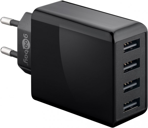 4-voudige USB-oplader, meervoudige USB-oplader, 30W, laadt maximaal 4 apparaten tegelijkertijd op, zwart