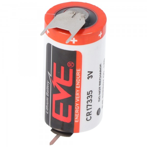 EVE CR17335 batterij maat 2 / 3A met 3 volt spanning en 1550 mAh capaciteit, afmetingen 33,5 x 17 mm, met print contacten ++ / - 7,6 mm steek