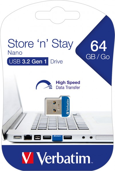 Verbatim USB 3.2 Stick 64GB, Nano Store'n'Stay Type-A, (R) 80MB/s, (W) 25MB/s, blisterverpakking