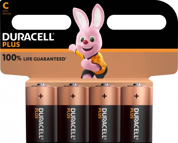 Duracell Batterij Alkaline, Baby, C, LR14, 1.5V Plus, Extra Life, Retail Blister (4-pack)
