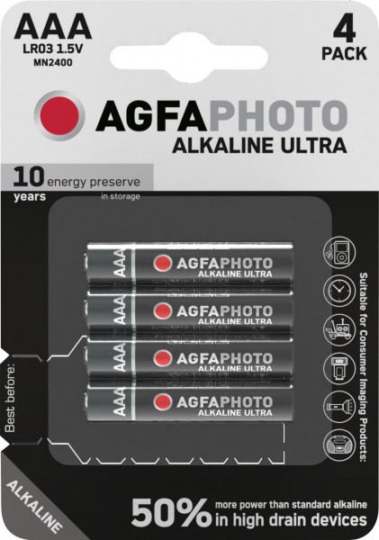Agfaphoto-batterij Alkaline, Micro, AAA, LR03, 1,5 V Ultra, retailblister (4-pack)
