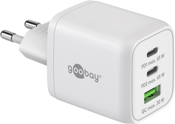 Goobay USB-C™ PD multiport snellader Nano (65 W) wit - 2x USB-C™ poorten (Power Delivery) en 1x USB-A poort (Quick Charge 3.0) - wit