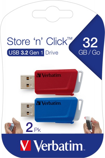 Verbatim USB 3.2 Stick 32GB, Store'n'Click, rood-blauw Type-A, (R) 80MB/s, (W) 25MB/s, blisterverpakking (3-pack)