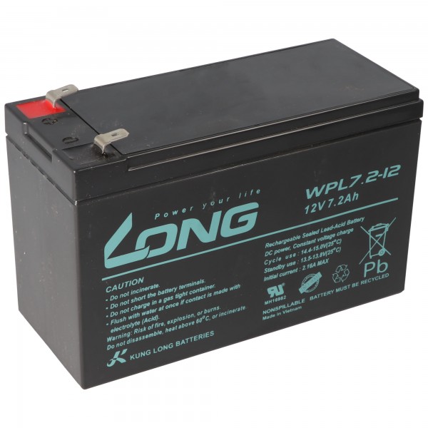 Kung Long WP7.2-12 F1 Longlife lood-vlies accu, 12V, 7.2Ah met 4.8mm Faston aansluiting