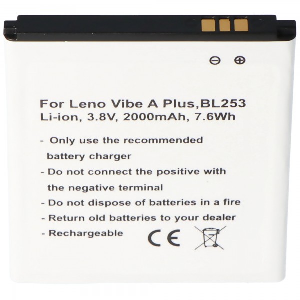Batterij geschikt voor Lenovo Vibe A Plus, BL253, Li-ion, 3.8V, 2000mAh, 7.6Wh