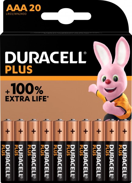 Duracell Batterij Alkaline, Micro, AAA, LR03, 1.5V Plus, Extra Life, Retail-blisterverpakking (20-pack)