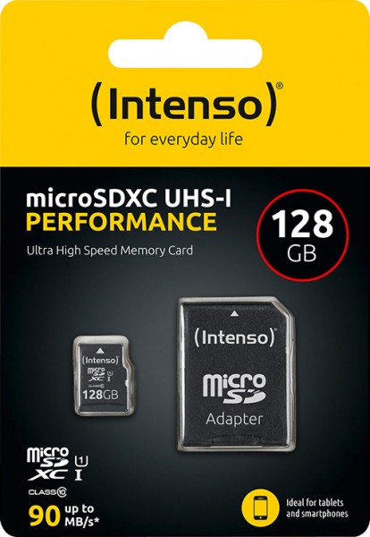 Intenso microSDXC-kaart 128 GB, prestatie, klasse 10, U1 (R) 90 MB/s, (W) 10 MB/s, SD-adapter, blisterverpakking