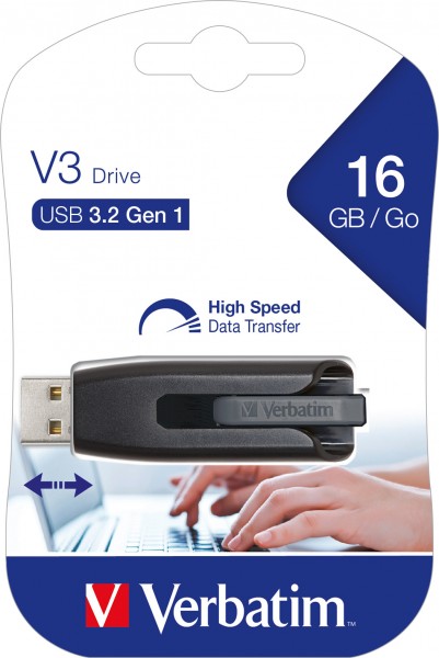 Verbatim USB 3.2-stick 16 GB, V3-drive, grijs type A, (R) 60 MB/s, (W) 12 MB/s, blisterverpakking