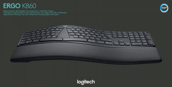 Logitech Keyboard K860, Wireless, Unifying, Bluetooth, Black Ergo, DE, Retail
